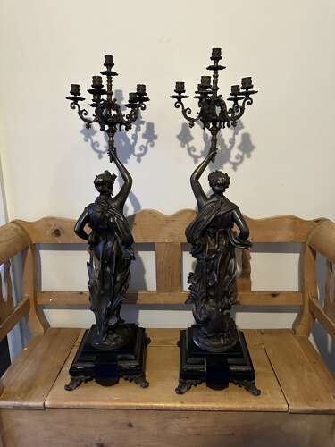 Large pair of Bronze Candelabra Liberty figure on black marble bases