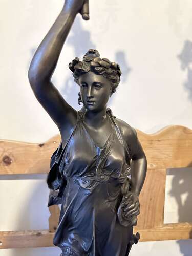 Large pair of Bronze Candelabra Liberty figure on black marble bases