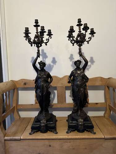 Large pair of Bronze Candelabra Liberty figure on black marble bases