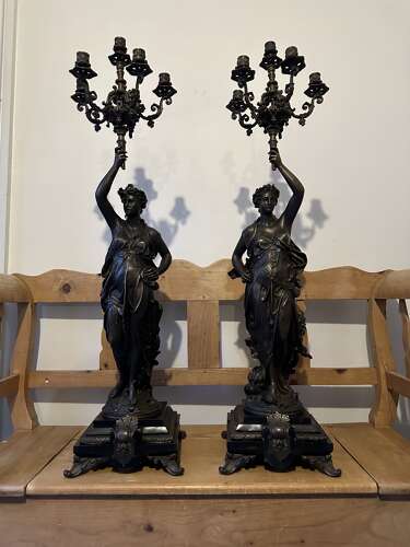 Large pair of Bronze Candelabra Liberty figure on black marble bases