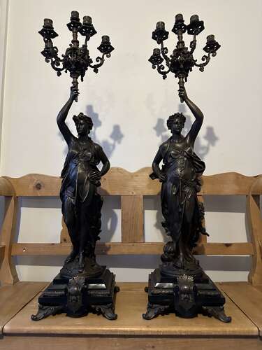 Large pair of Bronze Candelabra Liberty figure on black marble bases