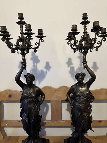 Large pair of Bronze Candelabra Liberty figure on black marble bases