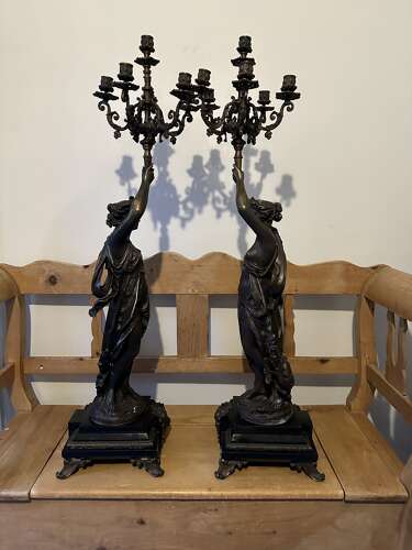 Large pair of Bronze Candelabra Liberty figure on black marble bases