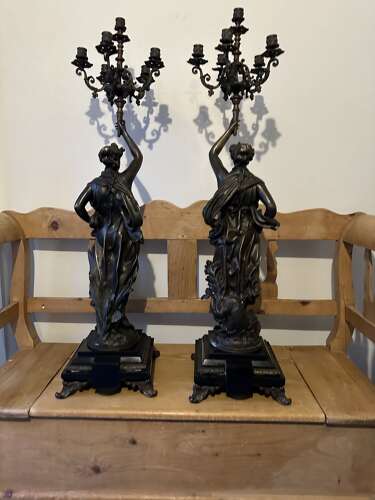 Large pair of Bronze Candelabra Liberty figure on black marble bases