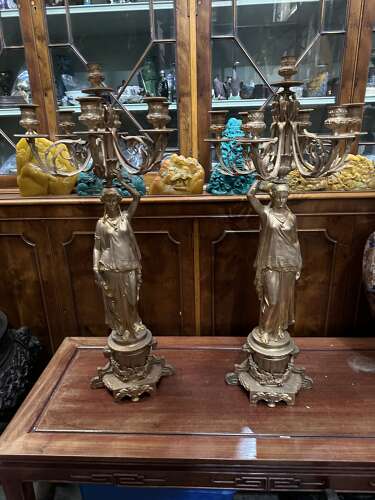 Large Pair Gilt Bronze Empire Style Candelabra Lady Figures Ormolu