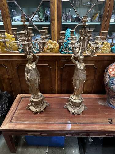 Large Pair Gilt Bronze Empire Style Candelabra Lady Figures Ormolu