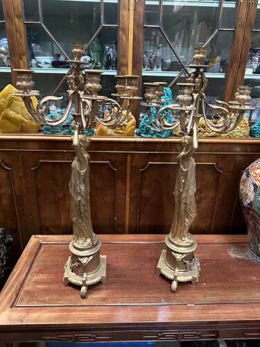 Large Pair Gilt Bronze Empire Style Candelabra Lady Figures Ormolu