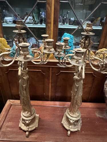 Large Pair Gilt Bronze Empire Style Candelabra Lady Figures Ormolu