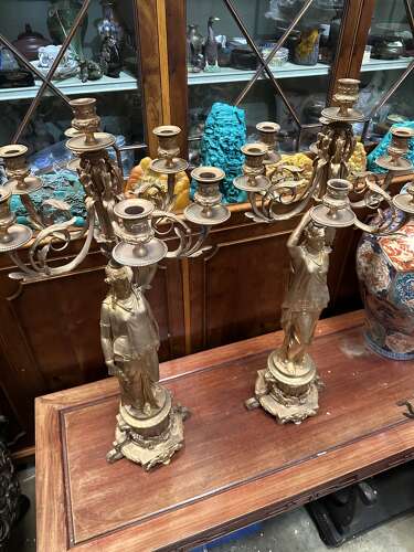 Large Pair Gilt Bronze Empire Style Candelabra Lady Figures Ormolu
