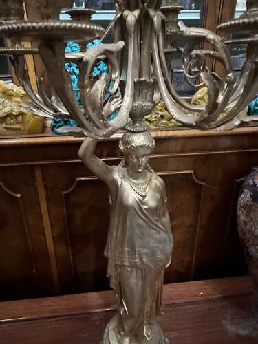 Large Pair Gilt Bronze Empire Style Candelabra Lady Figures Ormolu