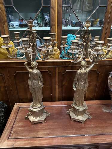 Large Pair Gilt Bronze Empire Style Candelabra Lady Figures Ormolu