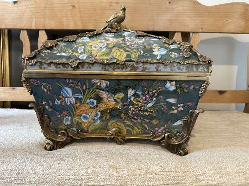 Bronze & Porcelain Parrot Exotic Bird Design Casket Jewellery Box