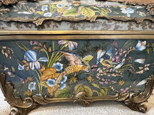 Bronze & Porcelain Parrot Exotic Bird Design Casket Jewellery Box