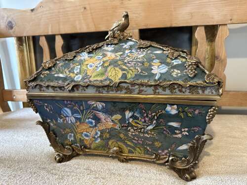Bronze & Porcelain Parrot Exotic Bird Design Casket Jewellery Box