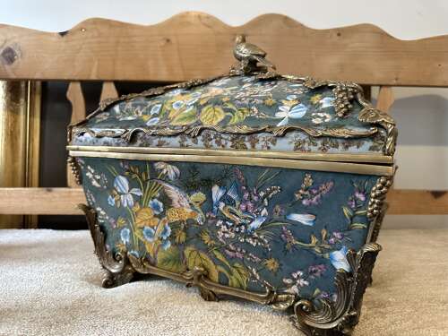 Bronze & Porcelain Parrot Exotic Bird Design Casket Jewellery Box