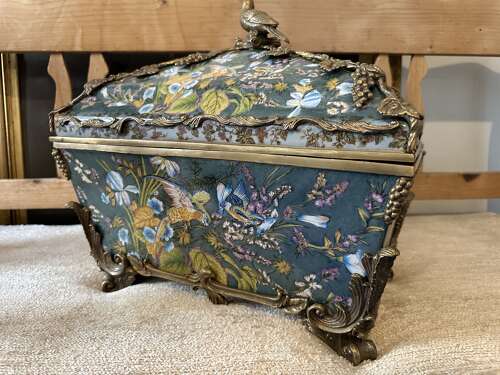 Bronze & Porcelain Parrot Exotic Bird Design Casket Jewellery Box