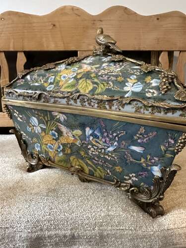 Bronze & Porcelain Parrot Exotic Bird Design Casket Jewellery Box