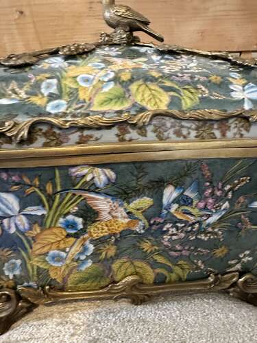 Bronze & Porcelain Parrot Exotic Bird Design Casket Jewellery Box