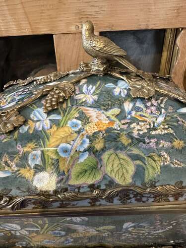 Bronze & Porcelain Parrot Exotic Bird Design Casket Jewellery Box
