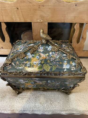 Bronze & Porcelain Parrot Exotic Bird Design Casket Jewellery Box