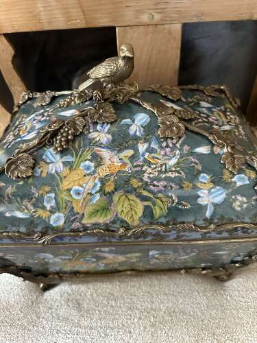 Bronze & Porcelain Parrot Exotic Bird Design Casket Jewellery Box