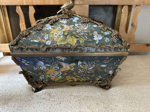 Bronze & Porcelain Parrot Exotic Bird Design Casket Jewellery Box