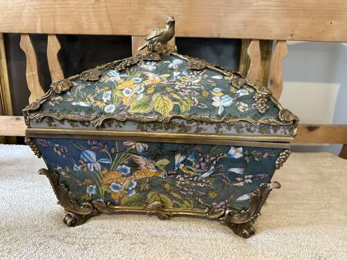 Bronze & Porcelain Parrot Exotic Bird Design Casket Jewellery Box