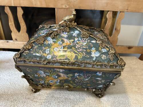 Bronze & Porcelain Parrot Exotic Bird Design Casket Jewellery Box