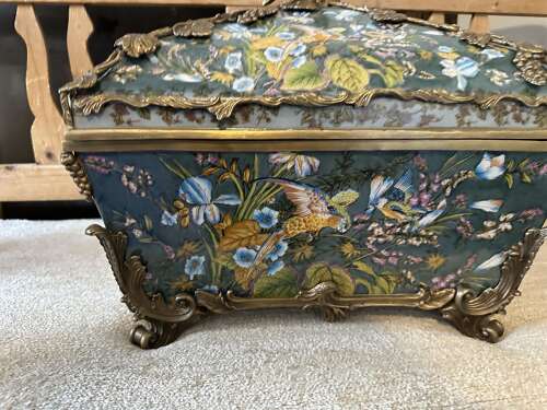Bronze & Porcelain Parrot Exotic Bird Design Casket Jewellery Box