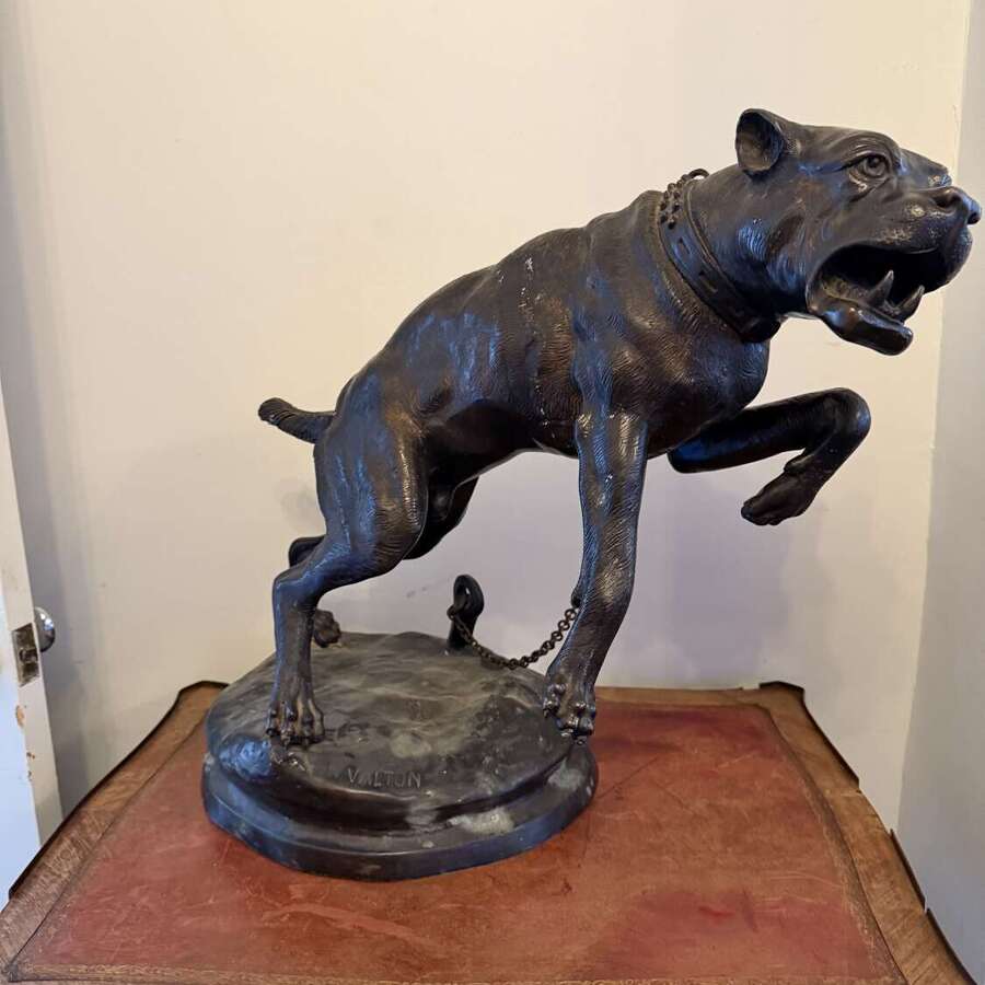 Large Bronze Mastiff Bulldog Pit Bull Terrier On Chain Signed Valton