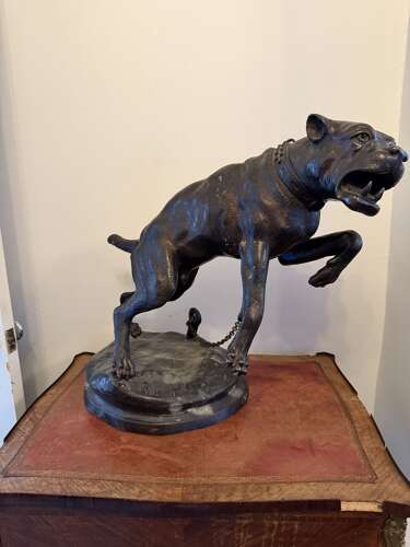 Large Bronze Mastiff Bulldog Pit Bull Terrier On Chain Signed Valton
