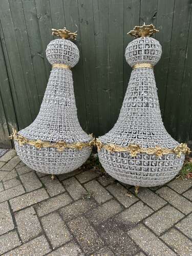 Pair XL Chandelier Gilt Bronze Glass Beads Ballroom bag Chandelier