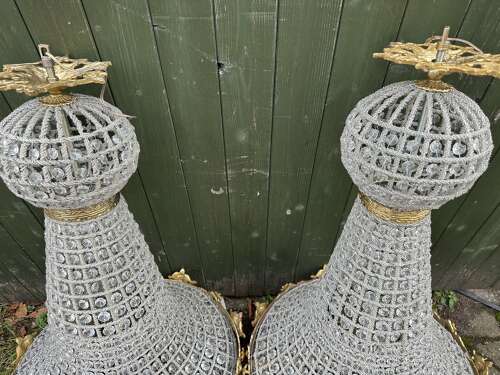 Pair XL Chandelier Gilt Bronze Glass Beads Ballroom bag Chandelier