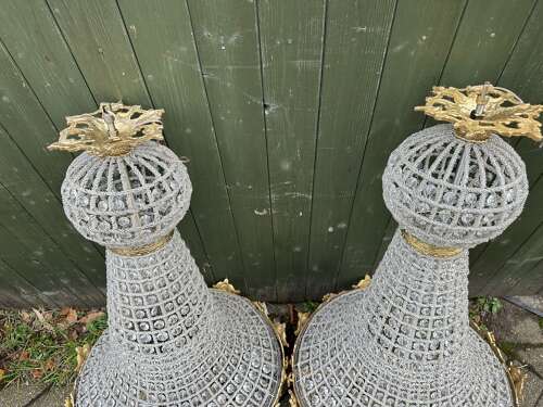 Pair XL Chandelier Gilt Bronze Glass Beads Ballroom bag Chandelier