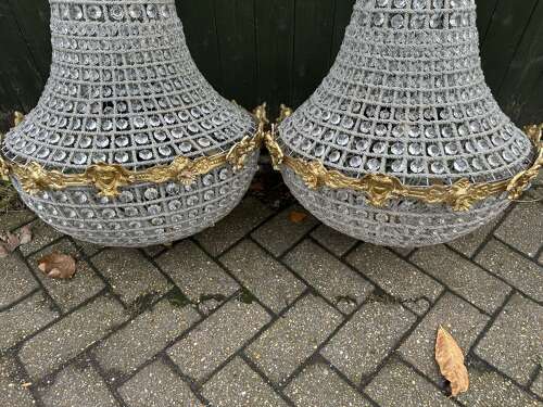 Pair XL Chandelier Gilt Bronze Glass Beads Ballroom bag Chandelier