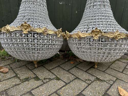 Pair XL Chandelier Gilt Bronze Glass Beads Ballroom bag Chandelier