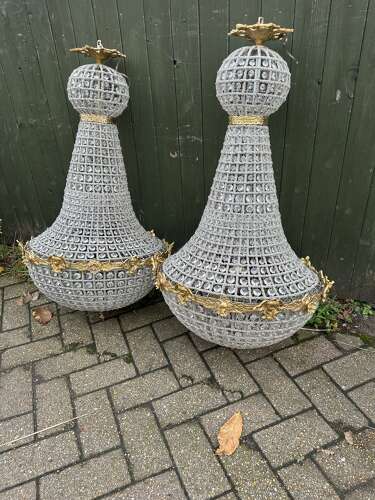 Pair XL Chandelier Gilt Bronze Glass Beads Ballroom bag Chandelier