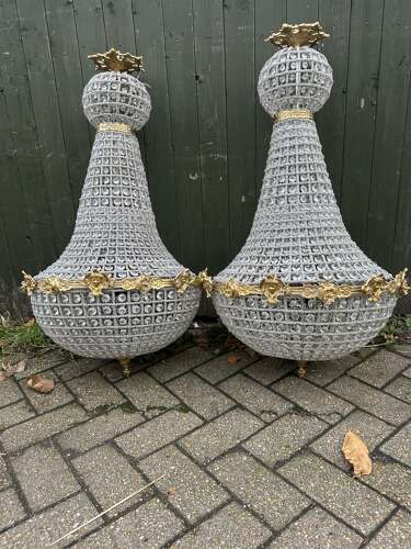 Pair XL Chandelier Gilt Bronze Glass Beads Ballroom bag Chandelier