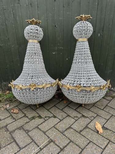 Pair XL Chandelier Gilt Bronze Glass Beads Ballroom bag Chandelier