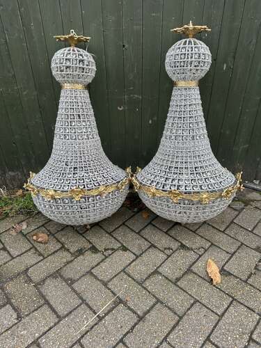 Pair XL Chandelier Gilt Bronze Glass Beads Ballroom bag Chandelier