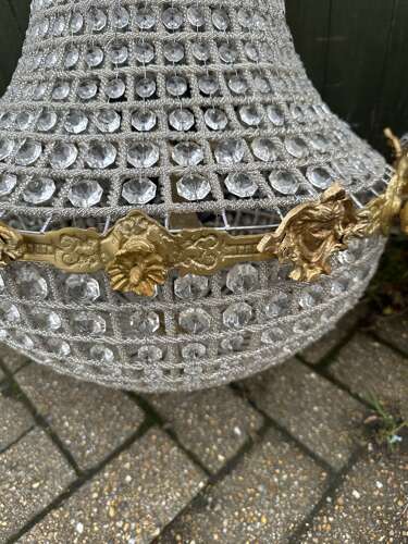 Pair XL Chandelier Gilt Bronze Glass Beads Ballroom bag Chandelier