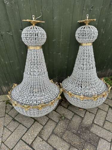Pair XL Chandelier Gilt Bronze Glass Beads Ballroom bag Chandelier