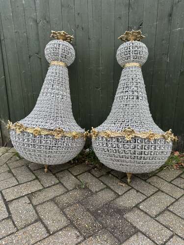 Pair XL Chandelier Gilt Bronze Glass Beads Ballroom bag Chandelier