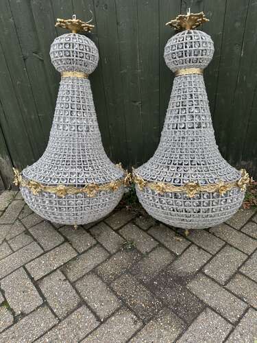 Pair XL Chandelier Gilt Bronze Glass Beads Ballroom bag Chandelier