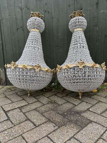 Pair XL Chandelier Gilt Bronze Glass Beads Ballroom bag Chandelier
