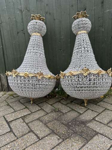 Pair XL Chandelier Gilt Bronze Glass Beads Ballroom bag Chandelier