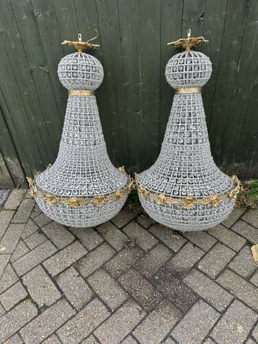 Pair XL Chandelier Gilt Bronze Glass Beads Ballroom bag Chandelier