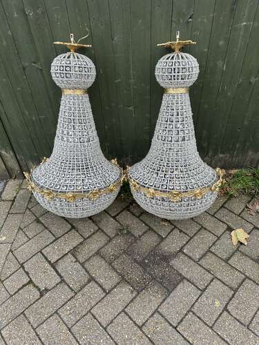 Pair XL Chandelier Gilt Bronze Glass Beads Ballroom bag Chandelier