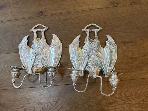 Stunning Bronze silver Plate Bat Wall Sconces Pair Lights