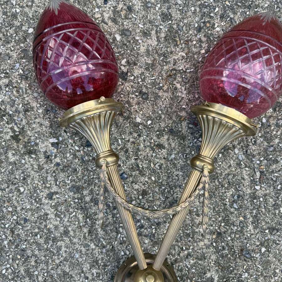 Gilt Bronze Double Torch Wall Lights with Cranberry Glass Flame Shades